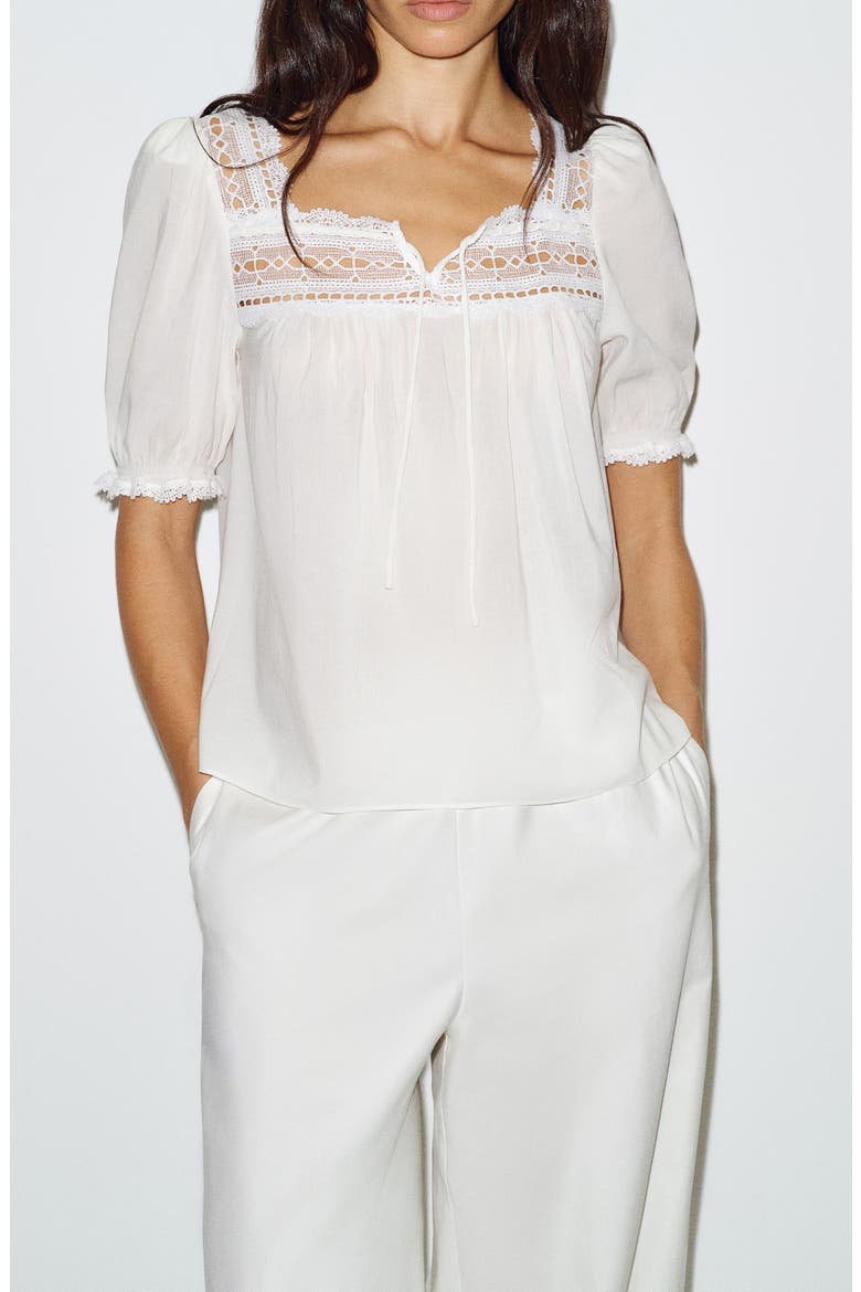 Wildflower Lace Trim Puff Sleeve Organic Cotton Blend Top (Women