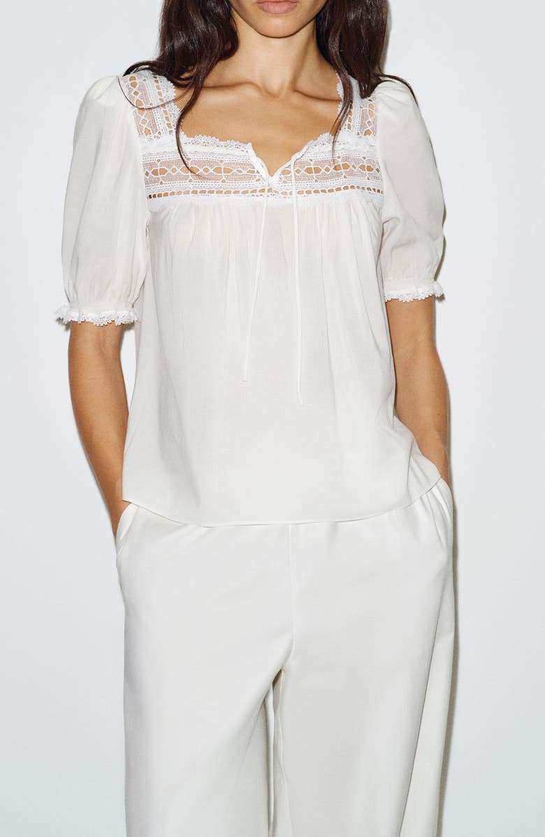 Reformation Wildflower Lace Trim Puff Sleeve Organic Cotton Blend Top, Alternate, color, White