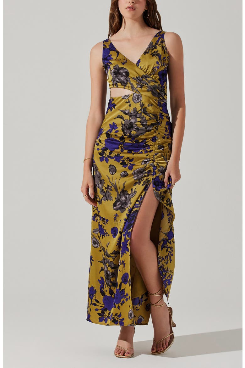 Floral Ruched Cutout Dress, Alternate, color, CHARTREUSE INDIGO FLORAL