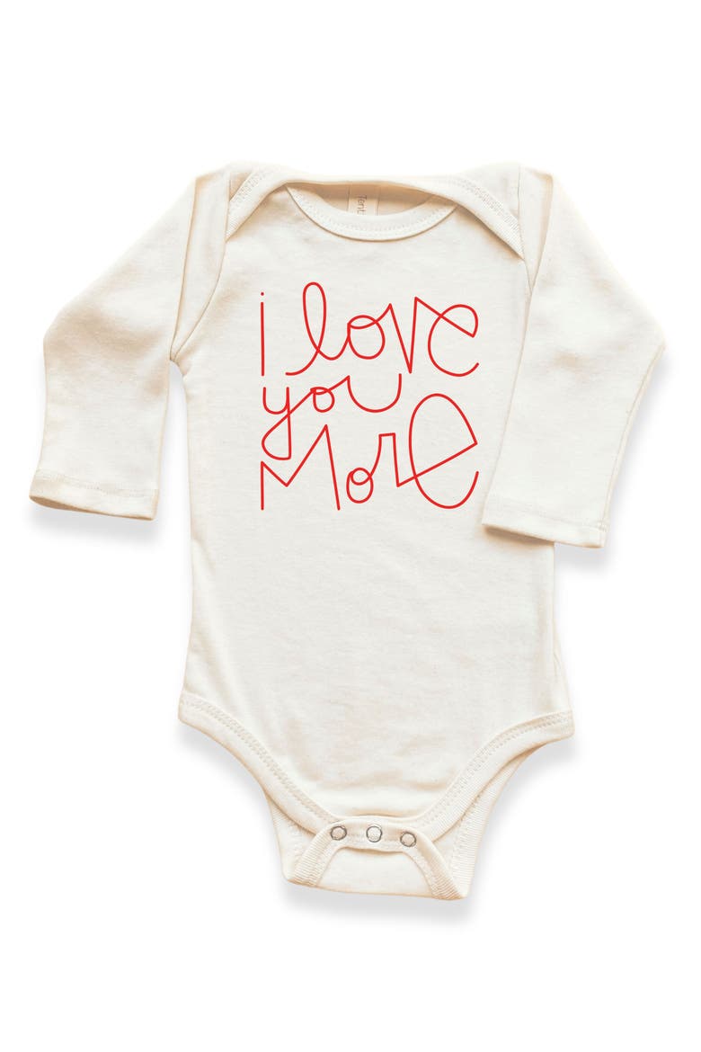I Love You More Gender Inclusive Organic Baby Bodysuit Long Sleeve, Main, color, Natural Red Lettering