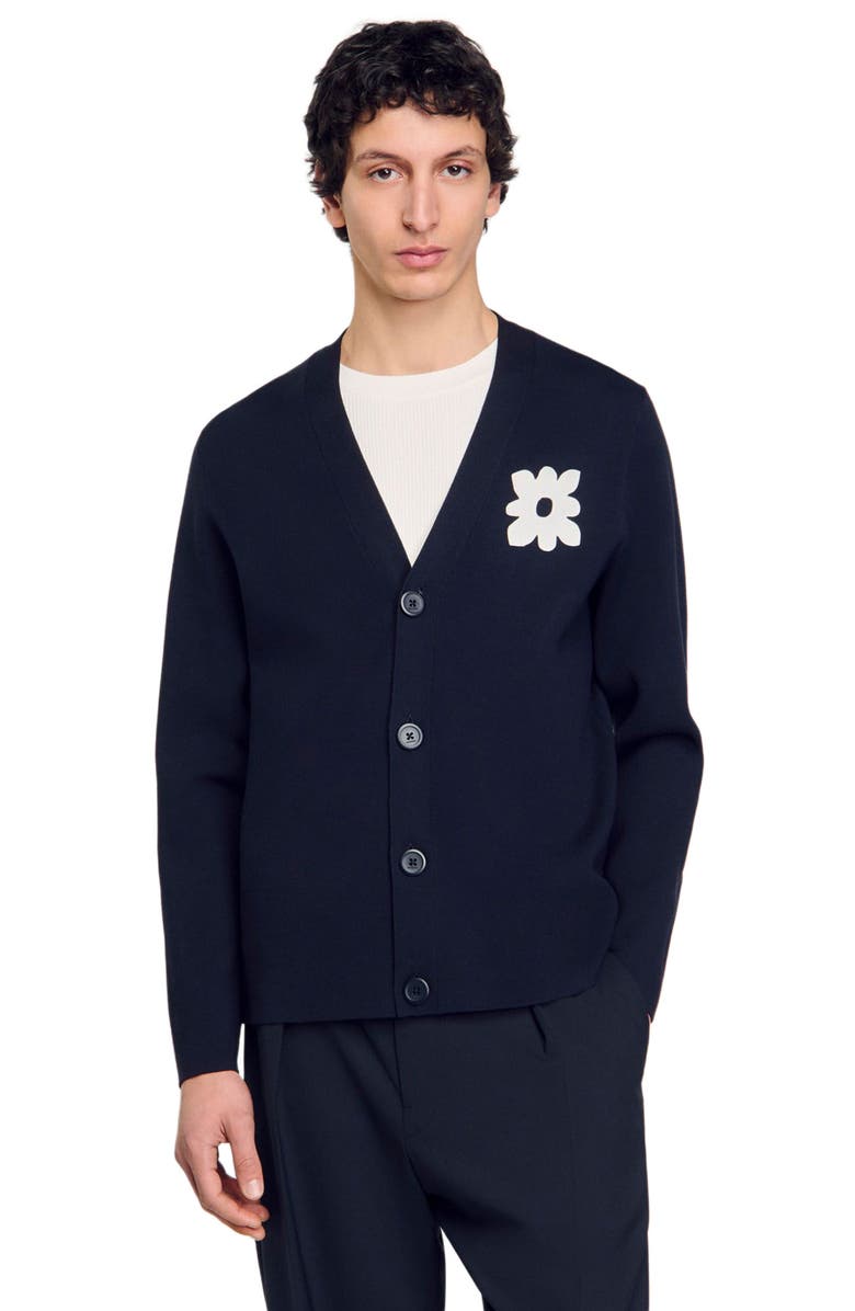 SANDRO Cardigan with flower detail, Alternate, color, Navy Blue