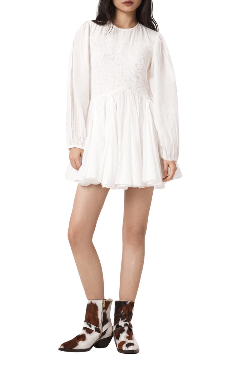 Chia Smock Bodice Long Sleeve Cotton Blend Minidress, Main, color, WHITE