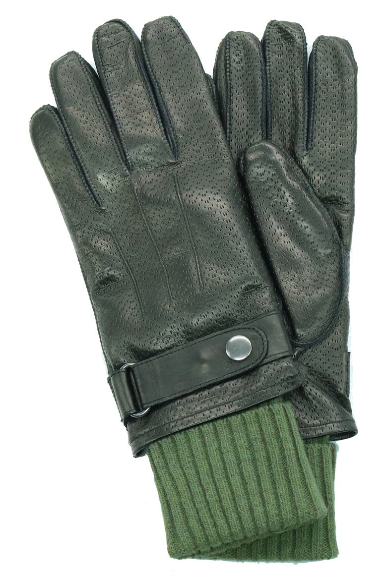 Knit Cuff Leather Gloves, Main, color, BLACK/ FERN