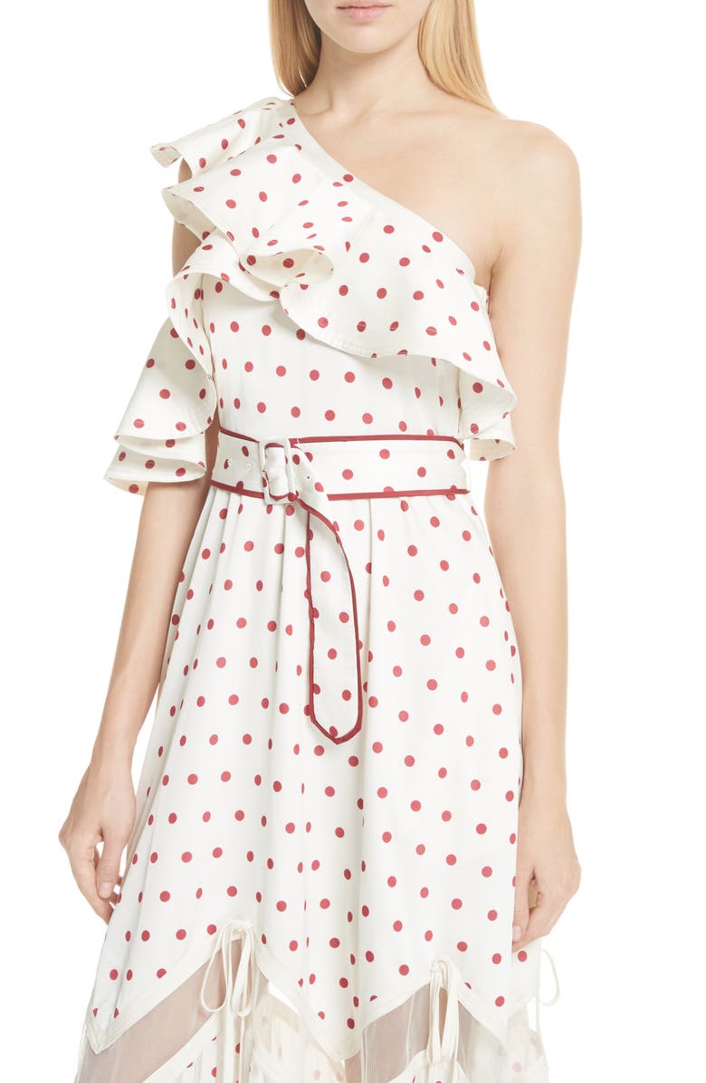 Self-Portrait Polka Dot Ruffle Satin Dress, Alternate, color, 
