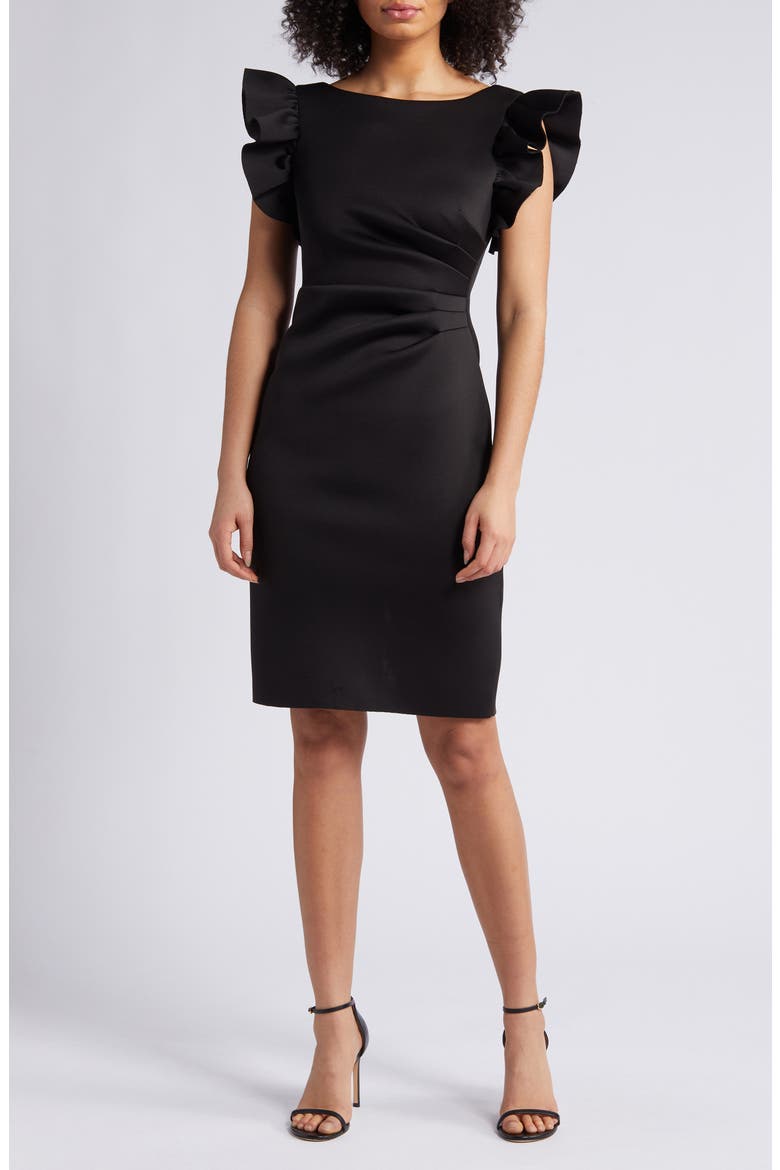 Ruffle Sleeve Scuba Crepe Cocktail Sheath Dress, Main, color, BLACK