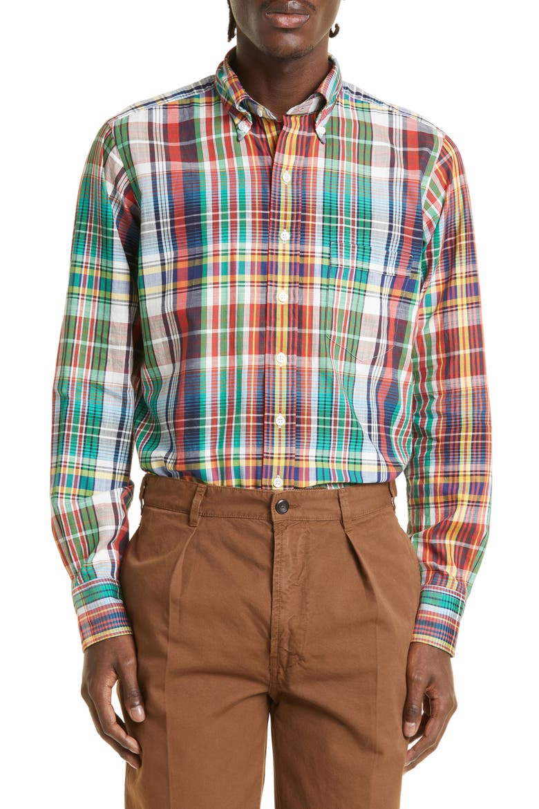 Plaid Cotton Button-Down Shirt, Main, color, RED / GREEN / MUTLI