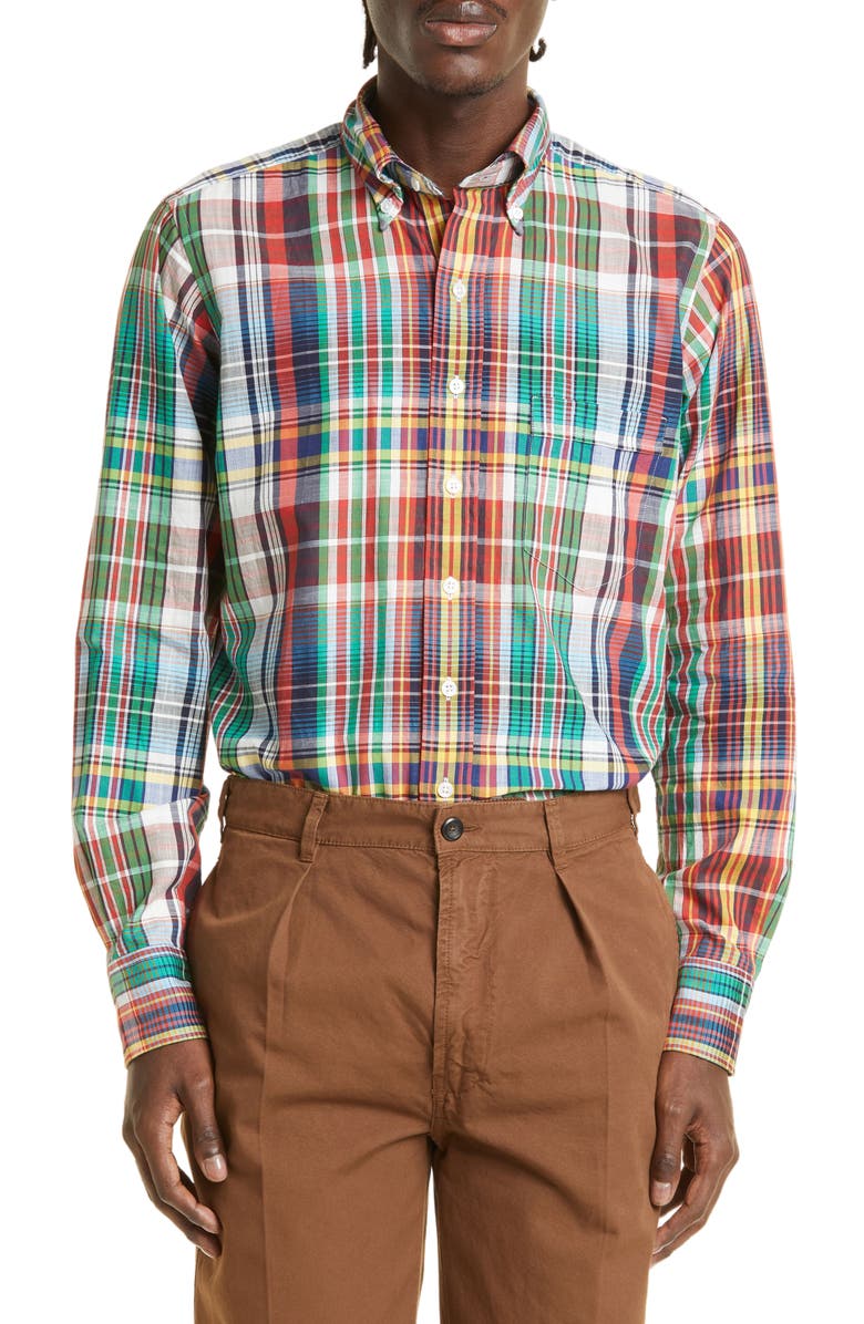 Drake's Plaid Cotton Button-Down Shirt, Main, color, 