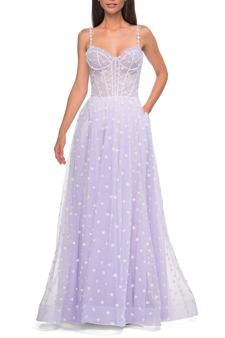 Polka Dot Tulle Prom Dress with Sheer Corset Top, Main, color, Light Periwinkle
