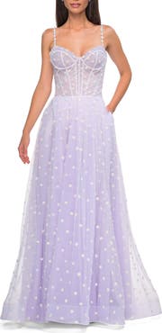 La Femme Polka Dot Tulle Prom Dress with Sheer Corset Top