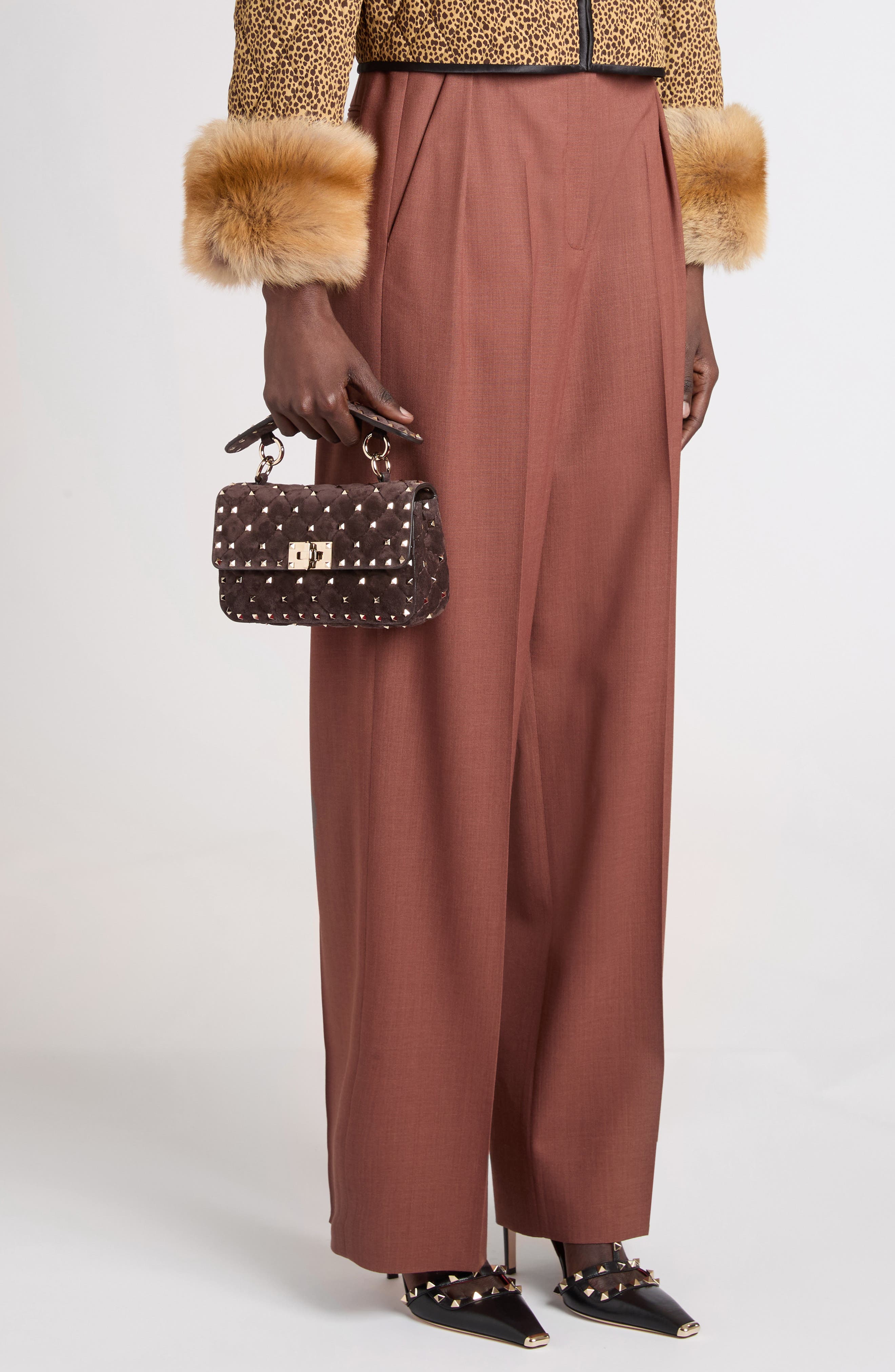 Small Rockstud Spike Leather Shoulder Bag, Alternate, color, BROWN