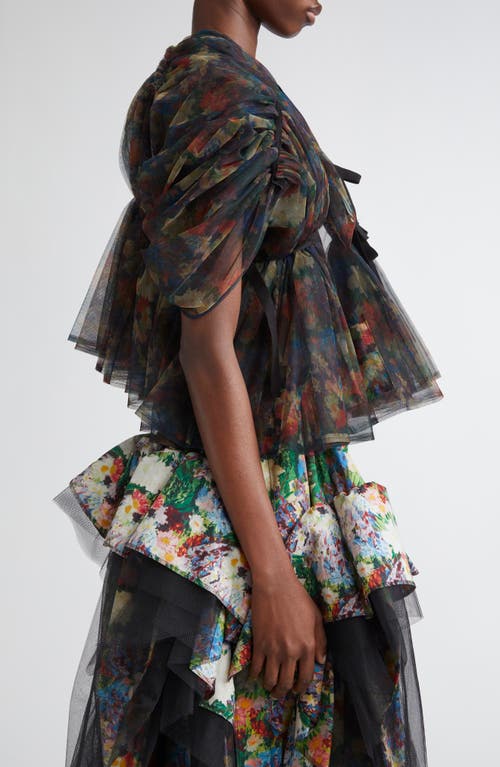 Tao Comme Des Garçons Gathered Tulle & Floral Print Cotton Top