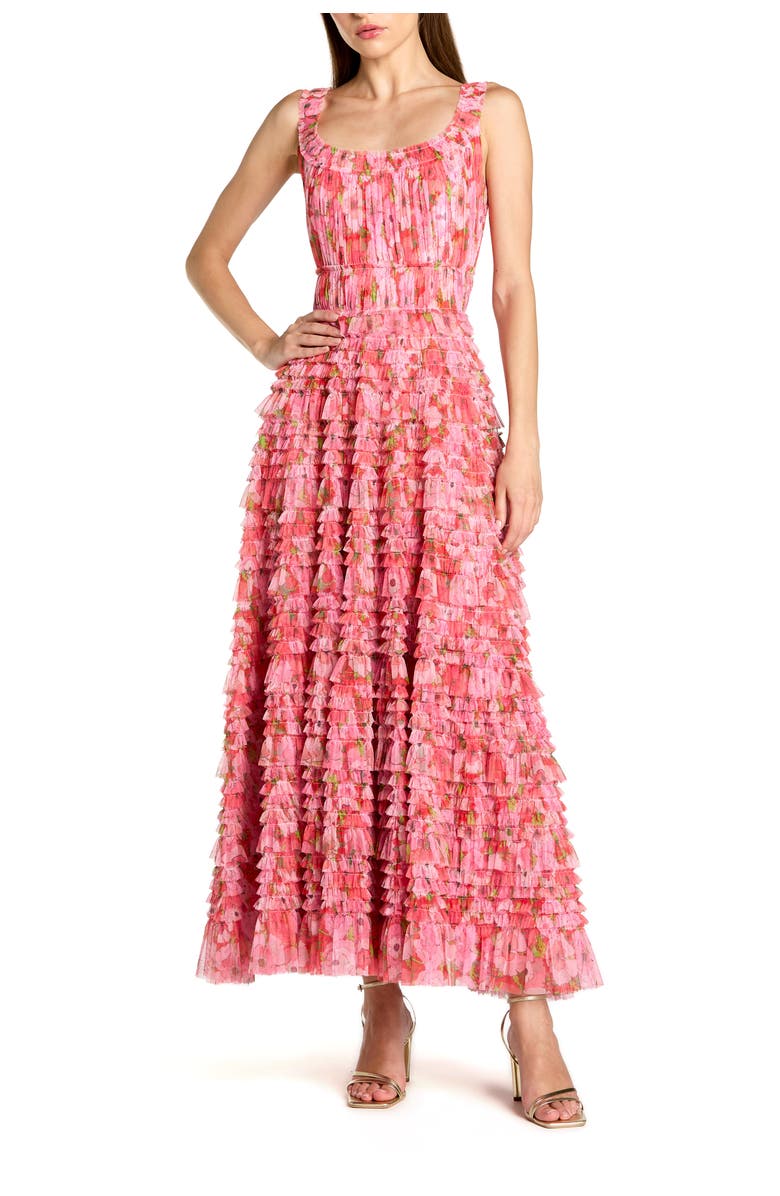 Mac Duggal Floral Printed Ruffle Tiered Scoop Neck Maxi Dress, Main, color, Cherry Multi