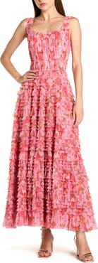 Mac Duggal Floral Printed Ruffle Tiered Scoop Neck Maxi Dress