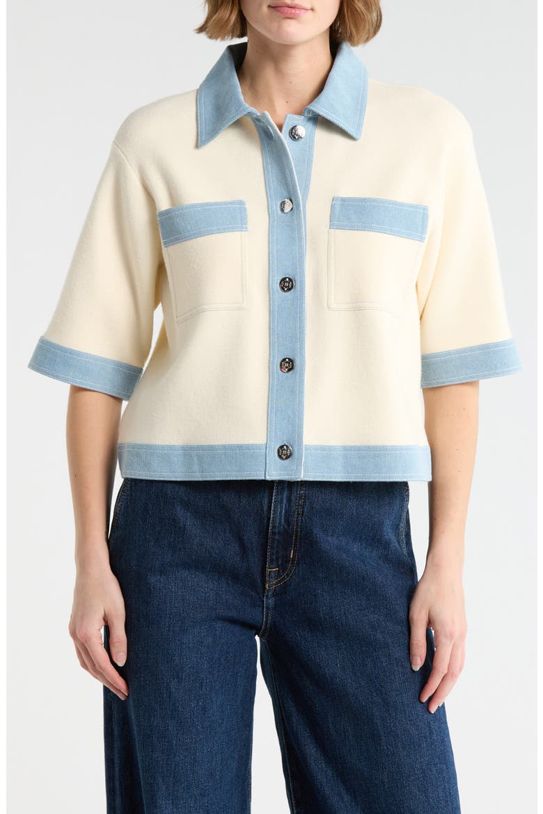 Denim Trim Short Sleeve Cardigan, Main, color, ECRU/ LIGHT DENIM