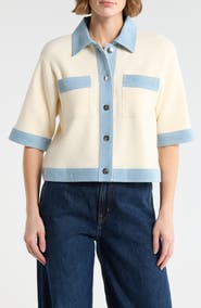 Nanette Lepore Denim Trim Short Sleeve Cardigan