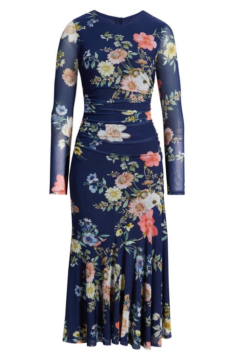 Floral Long Sleeve Mesh Body-Con Dress