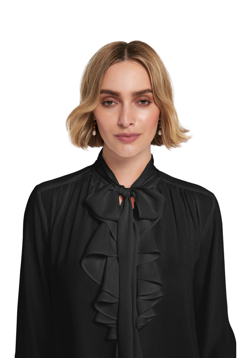 Flounce-Trimmed Tie-Neck Blouse Top, Alternate, color, Black