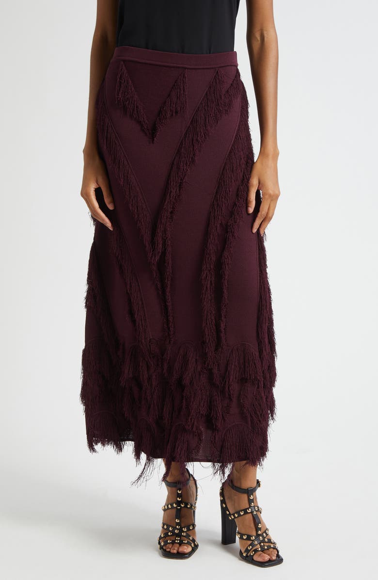 Ulla Johnson Astri Fringe Detail Knit Maxi Skirt, Main, color, Mahogany