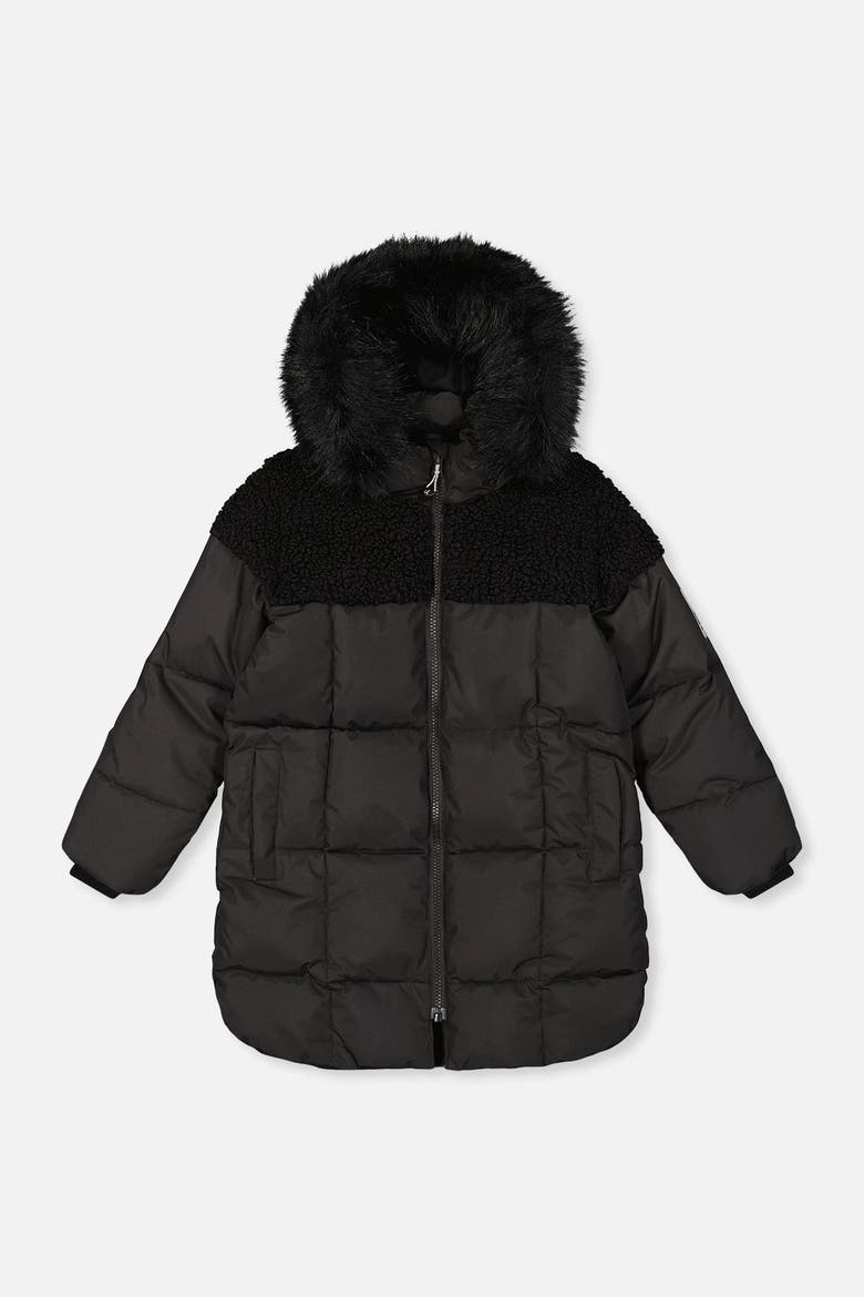 Long Fleece Lined Faux Fur Hood Winter Puffer Coat, Main, color, Black