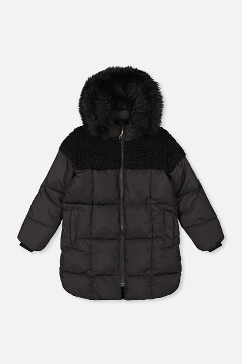 Long Fleece Lined Faux Fur Hood Winter Puffer Coat