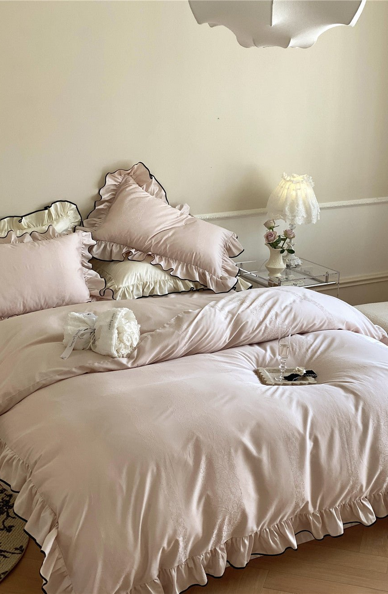 Ever Lasting Silky Ruffle Bedding Set, Alternate, color, Rust Pink, Flat