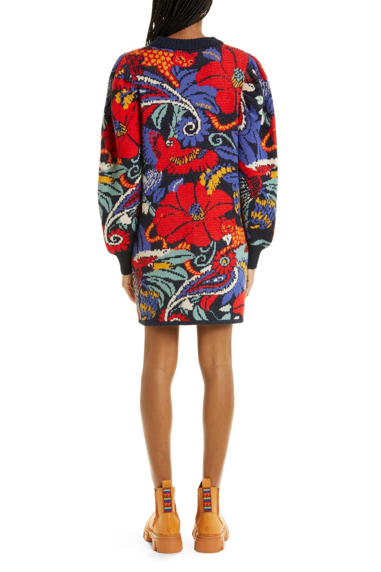 Jungle Pattern Long Sleeve Crewneck Sweater Dress, Alternate, color, VINTAGE FOREST BLUE