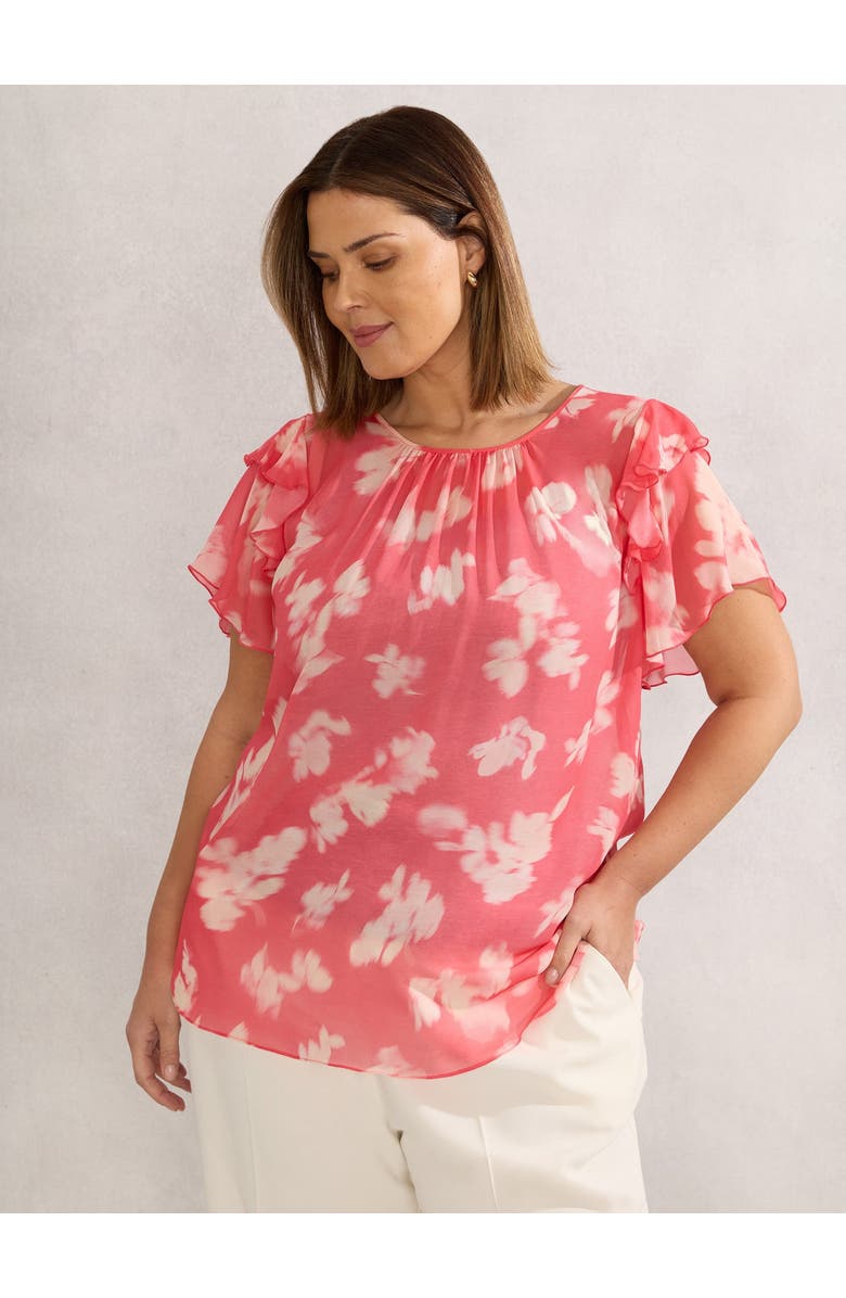 Live Unlimited Floral Print Ruffle Overlay Blouse, Main, color, Coral