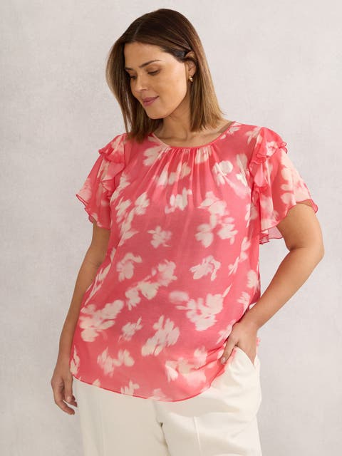 Floral Print Ruffle Overlay Blouse