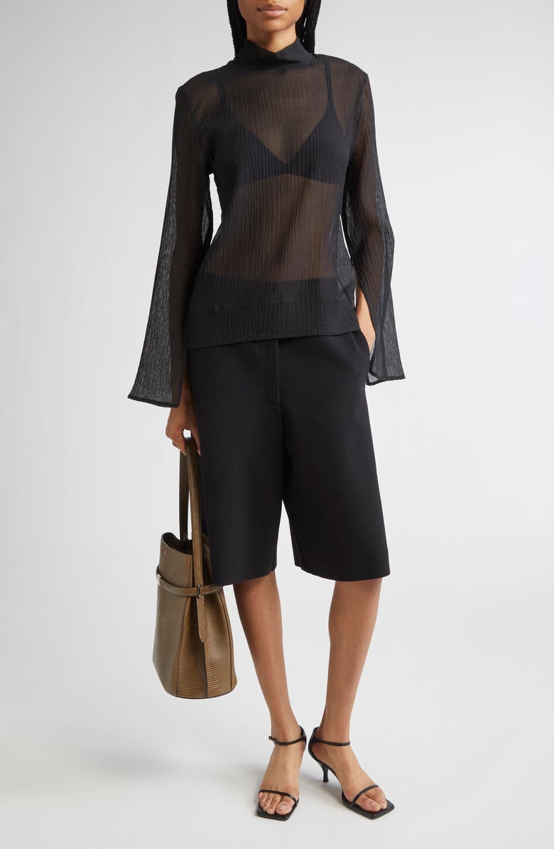 TOTEME Mock Neck Long Sleeve Cotton & Silk Top, Alternate, color, Black