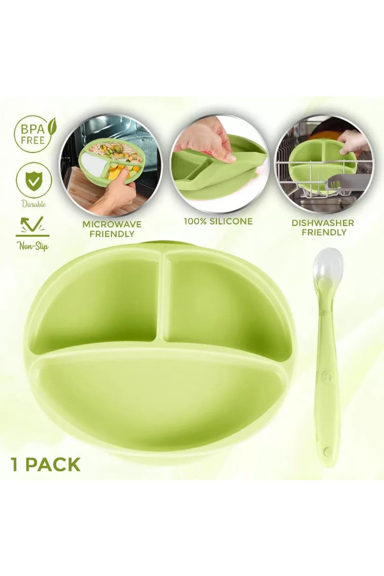 Silicone Suction Divided Plate and Spoon Toddler Training Self Feeding Set, Alternate, color, Sage