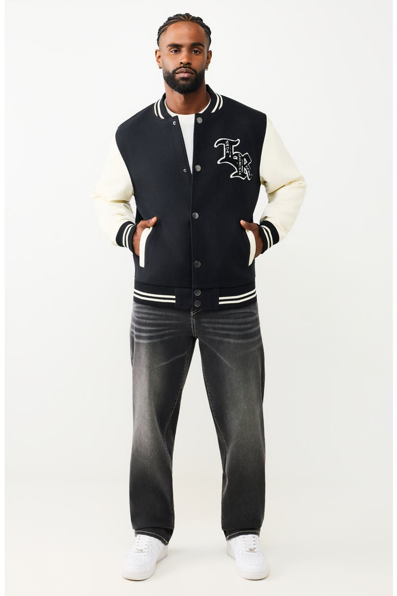 Property Of None Varsity Jacket, Alternate, color, JET BLACK/ WINTER WHITE