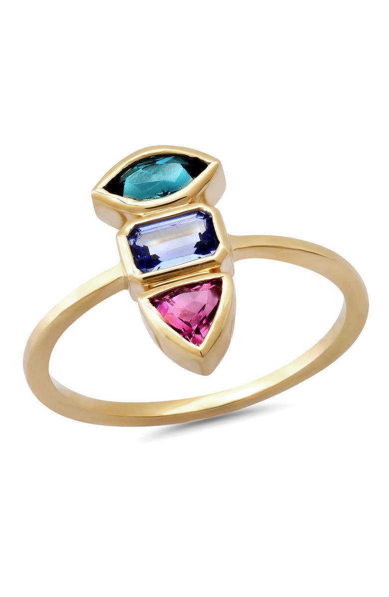 ELLIOT YOUNG 14K Gold Knife Edge Triple Gemstone Ring Teal Tourmaline, Pink Tourmaline , Tanzanite, Main, color, Multi