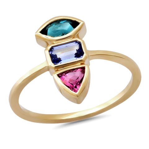 14K Gold Knife Edge Triple Gemstone Ring Teal Tourmaline, Pink Tourmaline , Tanzanite
