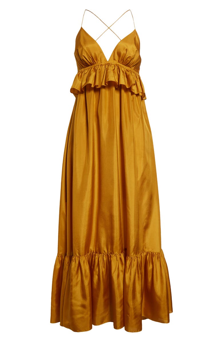 Zimmermann Rhiannon Tiered Ruffle Peplum Silk Maxi Dress, Alternate, color, Gold