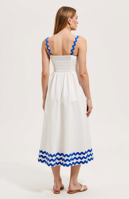 Modenaire Scalloped Strap Maxi Dress With Wave Trim And A-line Silhouette In White