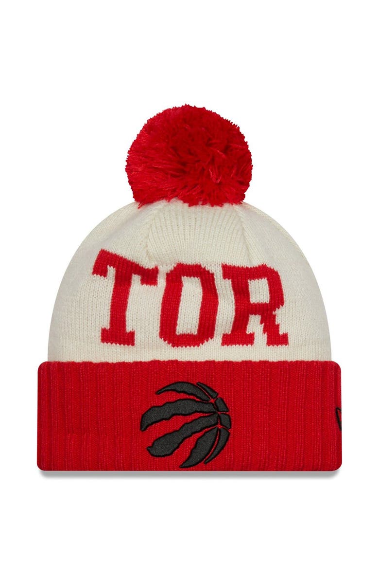 New Era Men's New Era Red/Cream Toronto Raptors 2022 NBA Draft On The Court Cuffed Knit Hat with Pom, Main, color, 