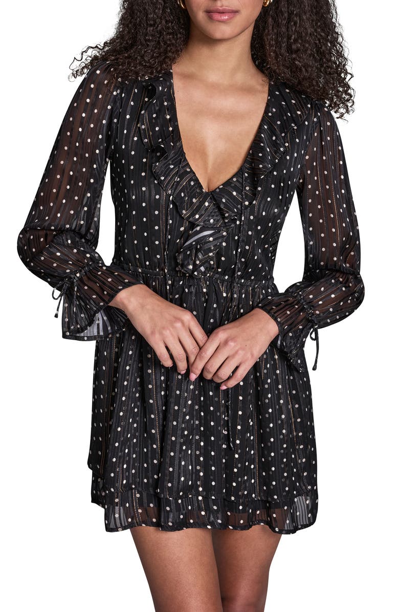 BCBG Metallic Stripe Polka Dot Long Sleeve Minidress, Alternate, color, Black.linen Dot