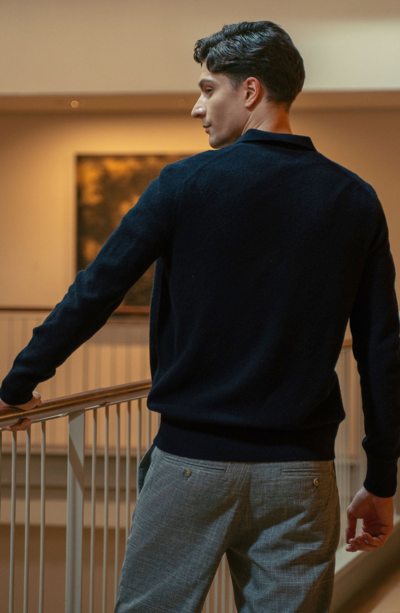 Italic Olivier Birdseye Cashmere Long Sleeve Polo, Alternate, color, Black