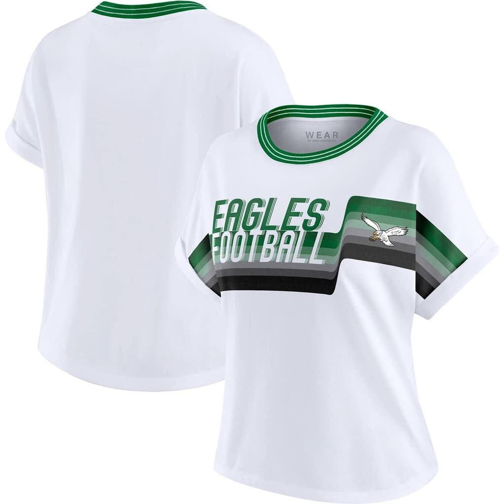 Wear By Erin Andrews Women's White Philadelphia Eagles Cropped Center Stripe Dolman T-shirt In White