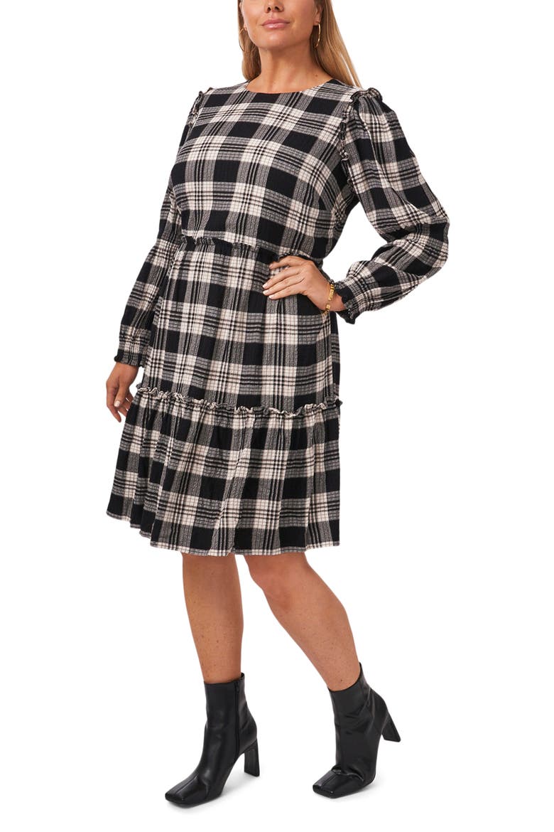 Smock Detail Plaid Long Sleeve Minidress, Main, color, RICH BLACK