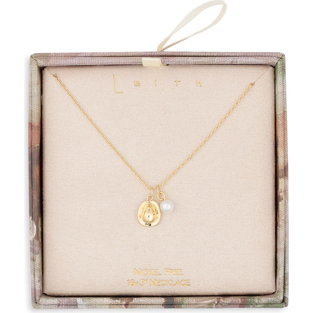 Leith Cowboy Hat And Imitation Pearl Pendant Necklace In Gold
