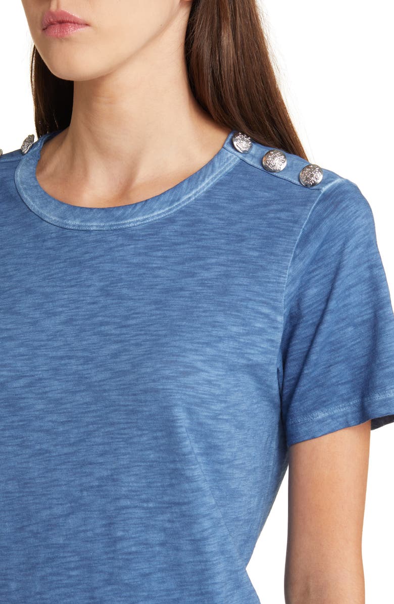 Veronica Beard Carla Scoop Neck Button Detail Cotton T-Shirt, Alternate, color, Lagoon Blue