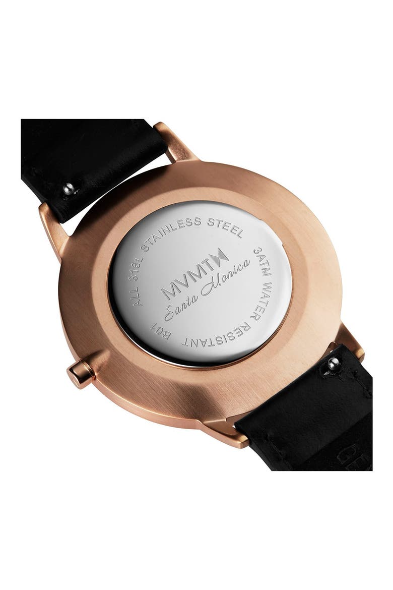 MVMT Boulevard Leather Strap Watch, 38mm, Alternate, color, BLACK/ ROSE GOLD