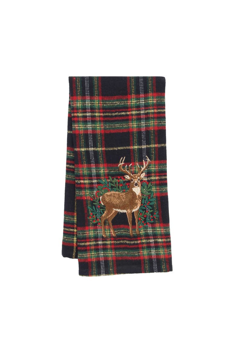 Deer Botanical Embroidery on Plaid Christmas Towel, Main, color, Brown
