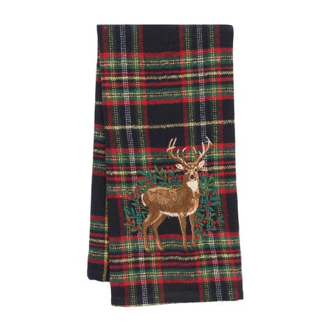 Deer Botanical Embroidery on Plaid Christmas Towel