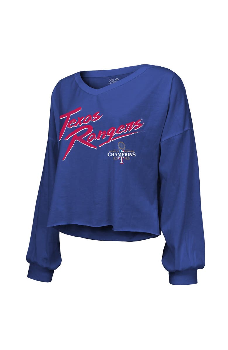 Majestic Threads Women's Majestic Threads Royal Texas Rangers 2023 World Series Champions Off-Shoulder Script Cropped Long Sleeve V-Neck T-Shirt, Alternate, color,