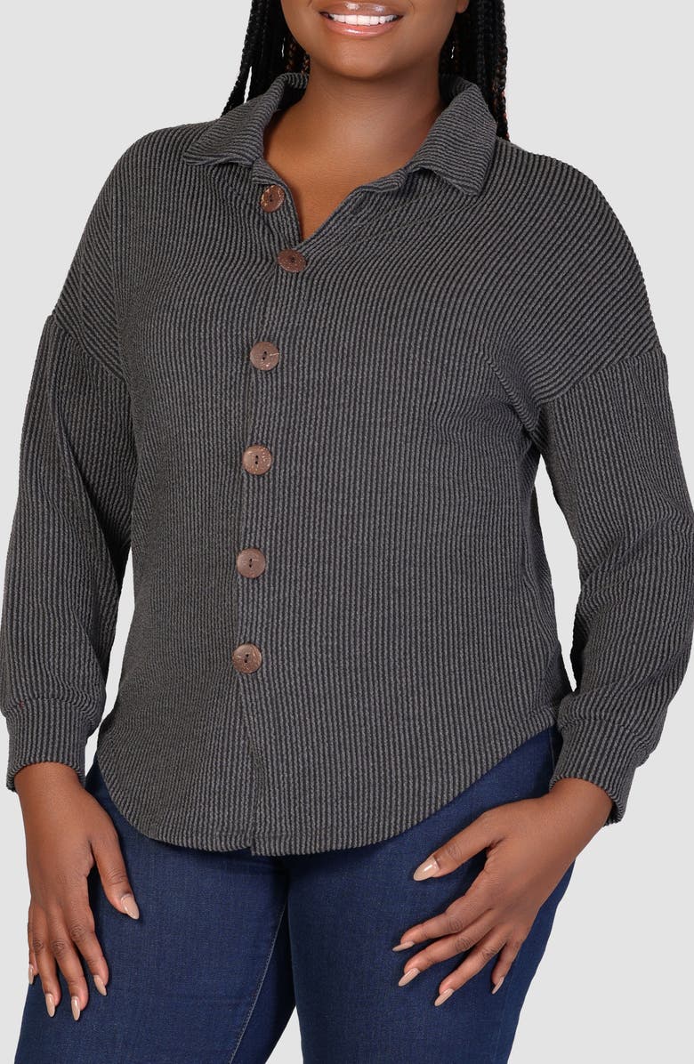 24seven Comfort Apparel Textured Stripe Knit Button-Up Shirt, Alternate, color, Black