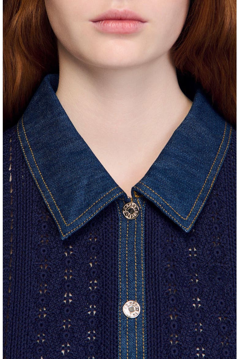 Crochet and denim cardigan, Alternate, color, Navy blue