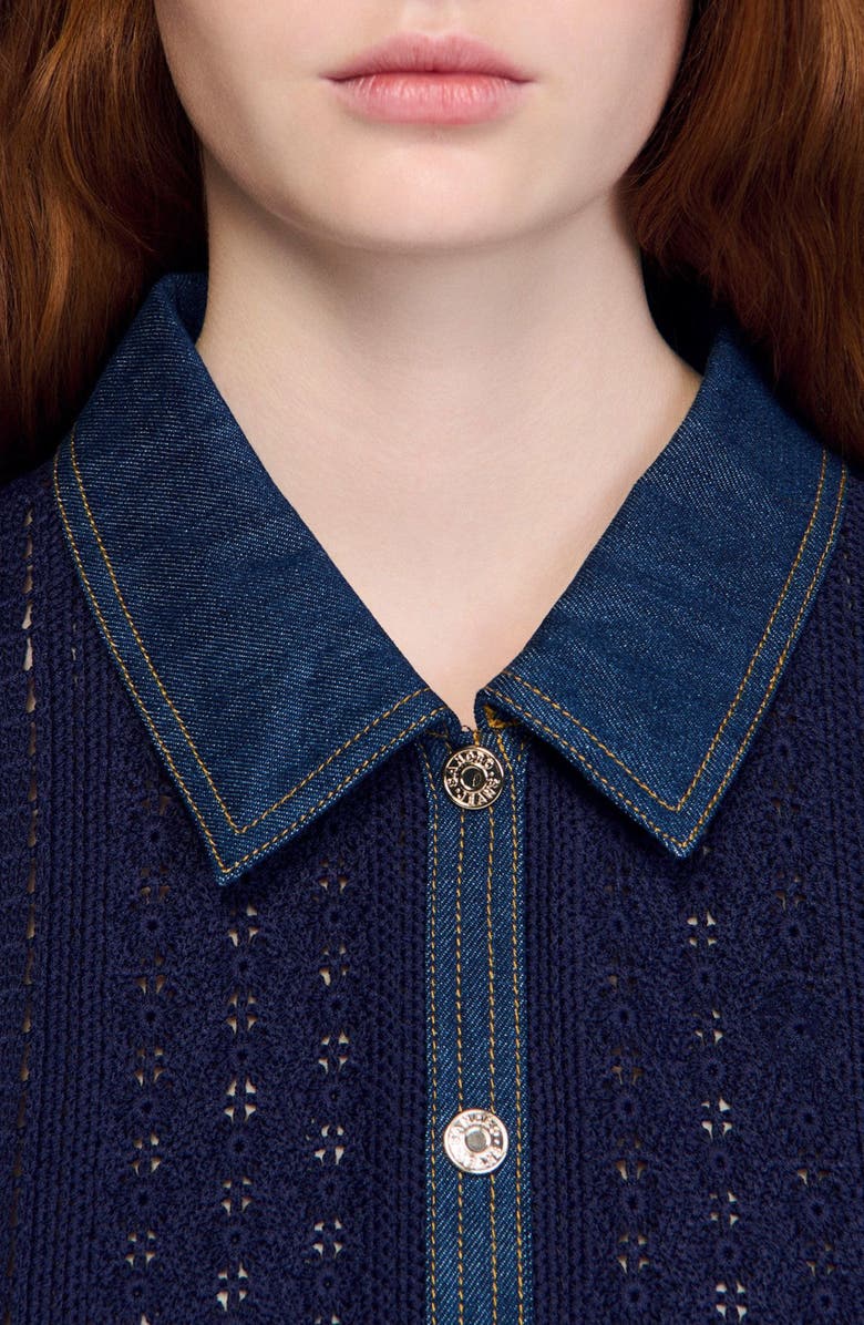 SANDRO Crochet and denim cardigan, Alternate, color, Navy Blue