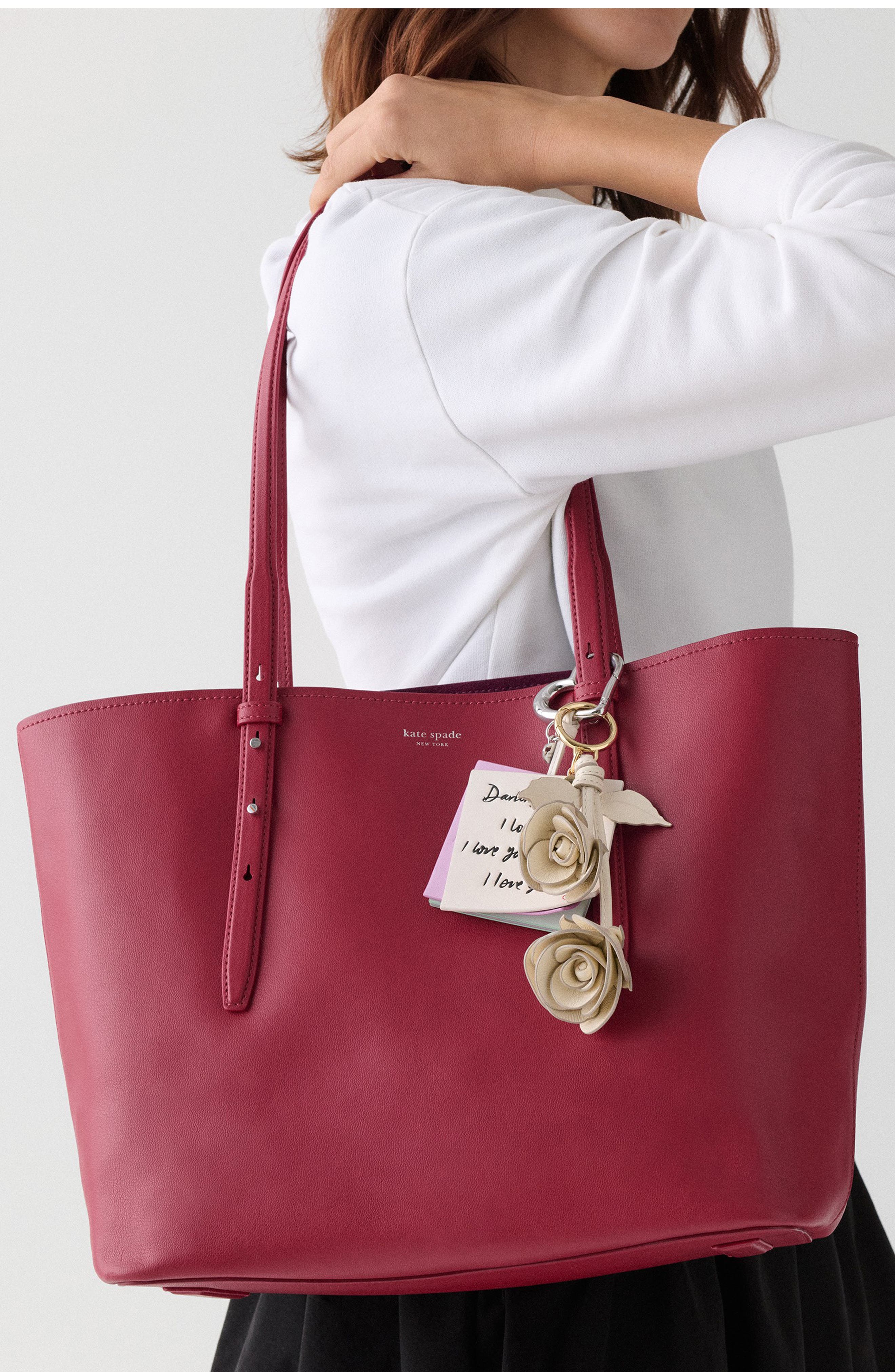 Kate Spade New York Charmed Embossed I Love You Leather Bag Charm, Alternate, color, Cream Multi
